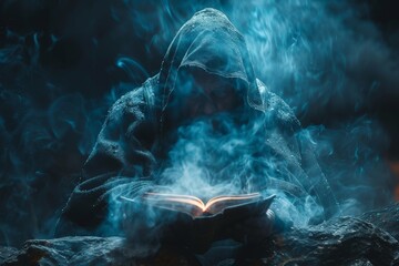 An enigmatic person shrouded in a hood absorbed in reading a book among mystical swirling blue smoke - obrazy, fototapety, plakaty