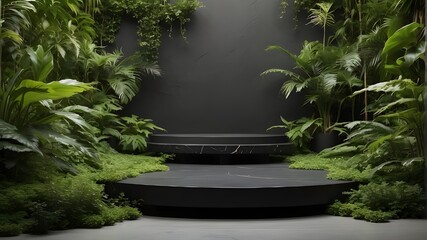 A black stone platform with room for merchandise is situated between the leaves of green plants. - obrazy, fototapety, plakaty