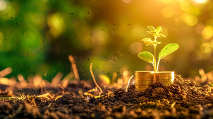 Growth concept with plant and coins in soil - obrazy, fototapety, plakaty