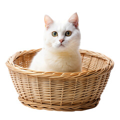 Fototapeta na wymiar White cat in a basket isolated on Transparent background.