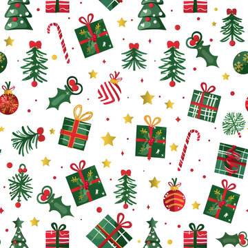 Christmas seamless pattern with gifts, trees, candy canes and stars on white background.