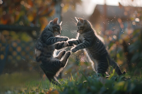 Two playful kittens, one tabby and one European shorthair, wrestle in a sunny patch of grass.