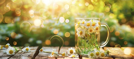 Poster Beautiful daisies in a cup in the summer garden. Rural landscape natural background with daisy flowers in the sunlight. Summer, copy space. AI generated illustration © Or