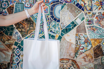 Close up of a woman's hand holding a blank white tote, reusable shopping bag against an intricate mosaic wall, blending art with eco-awareness,