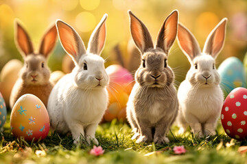 Fototapeta na wymiar Easter bunnies with Easter eggs in the garden
