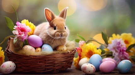 Little Bunny In Basket With Decorated Eggs - Easter Card - generative ai