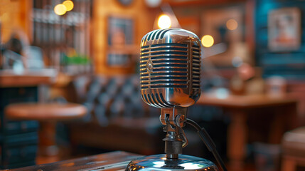 Microphone on Wooden Table - obrazy, fototapety, plakaty