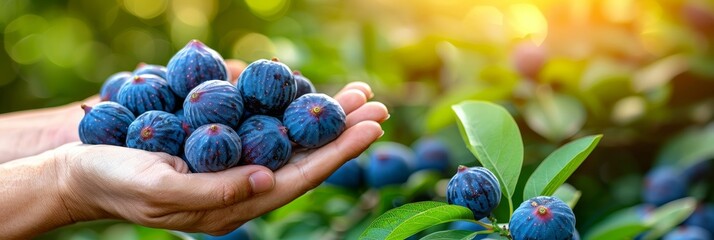 Hand holding ripe fig with copy space, defocused figs in background for text placement