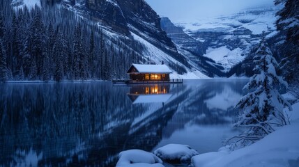 A cabin sits on the edge of a frozen lake, with towering snow-covered mountains in the background.