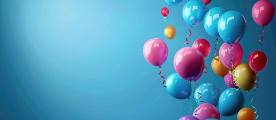 Birthday Balloons Flying for Party and Celebrations With Space for Message on Blue Background