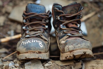 hiking shoes with "hiking" written on them,
