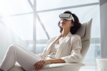 A woman immersed in a virtual reality experience, reclining comfortably - obrazy, fototapety, plakaty