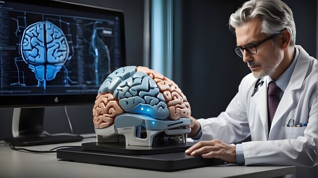 A digital brain model is displayed by the doctor.
