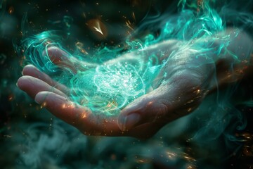 A magnificent image that captures a human hand deftly holding a swirling energy orb of light