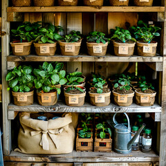 Fototapeta premium Shelf filled with potted plants next to bag of dirt and watering can.