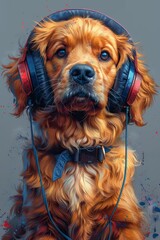 A music lover dog with headphones is sitting and looking at the camera