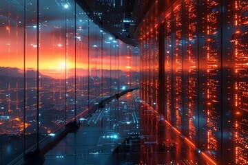 An awe-inspiring view of a neon-lit future city at sunset with data streams running through...