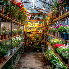 Fototapeta na wymiar Greenhouse filled with lots of potted plants and hanging pots of flowers.