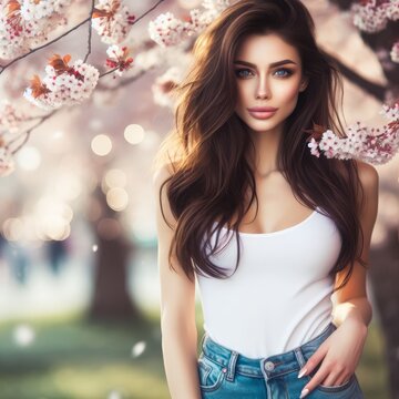 Portrait of a beautiful woman with black hair. In the background are Japanese cherry blossoms