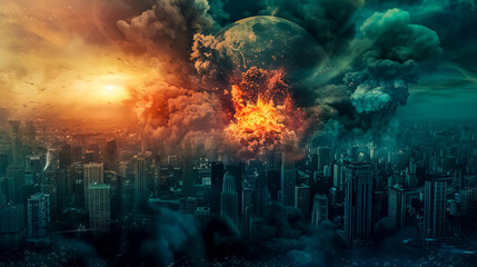 Apocalyptic cityscape with exploding moon