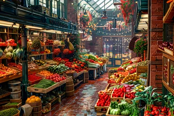 Fotobehang Store filled with lots of different types of fruits and veggies. © Констянтин Батыльчук
