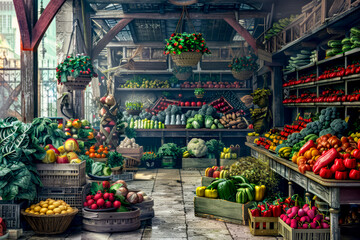 Fototapeta na wymiar Painting of farmers market filled with lots of fresh fruits and vegetables.