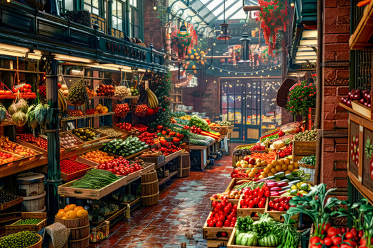 Store Filled With Lots Of Different Types Of Fruits And Veggies.