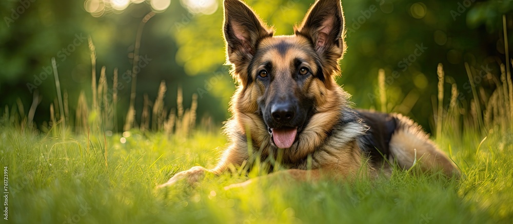 Sticker A German Shepherd dog is peacefully laying in the grass, gazing directly at the camera. This carnivorous companion dog breed is known for its fawn coat and herding abilities