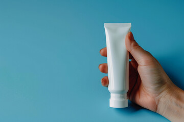 Close-up of a hand gripping an empty white cosmetic cream tube on a serene blue isolated solid background, promoting calm and cleanliness,