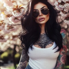Portrait of a beautiful woman with black hair and many tattoos wearing sunglasses. In the background are Japanese cherry blossoms
