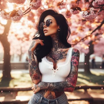 Portrait of a beautiful woman with black hair and many tattoos wearing sunglasses. In the background are Japanese cherry blossoms