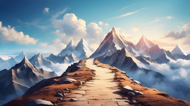 abstract route that leads to the summit of a mountain in achievement of objectives concept background