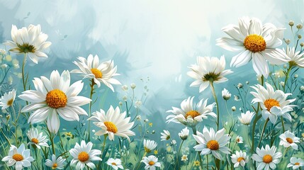 Summer floral background, daisies on blue background with copy space 
