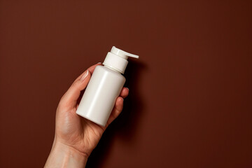 Close-up of a hand holding an empty white skincare product bottle on a rich chocolate isolated solid background, emphasizing indulgence and luxury in skincare,