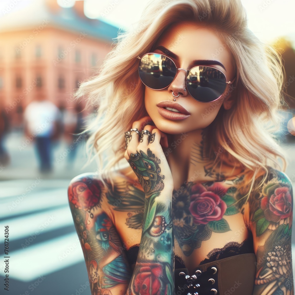 Wall mural portrait of a beautiful woman with blonde hair and many tattoos wearing sunglasses