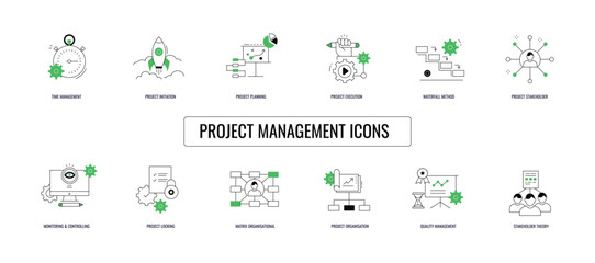 Fototapeta na wymiar The All Encompassing Project Management Icon Set. Plan, Execute, Succeed. Streamline Your Workflow. Essential Project Management Icons. Vector Icons.