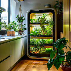 Refrigerator filled with lots of plants in kitchen next to window.
