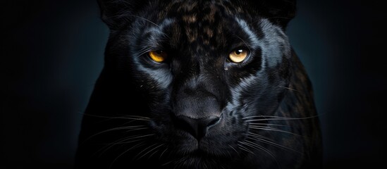 A Felidae, specifically a black panther, with yellow iris is in the darkness staring directly at the camera. Its whiskers and snout are visible, showcasing its carnivorous nature
