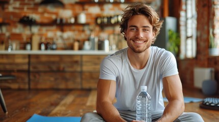 Man Sitting on Mat With Bottle of Water - obrazy, fototapety, plakaty