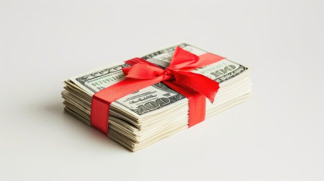 Symbolize financial success with our image of a stack of dollar banknotes adorned with a red ribbon on a pristine white background. Invest wisely