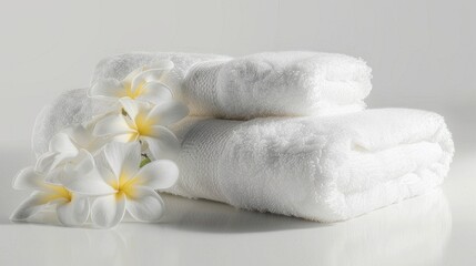 Obraz na płótnie Canvas Indulge in luxury with our image of folded soft terry towels adorned with beautiful flowers on a crisp white background. Pamper yourself