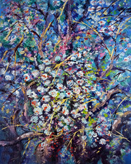hand painted original impressionism art oil painting abstract expressionism  cherry blossom  flower in garden  