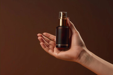 Close-up of hand holding luxury elegant skincare product bottle on a rich chocolate brown isolated...