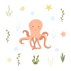 Cute octopus character, corals, shells. Vector hand drawn kids illustration. Sea animal, sea life, shells, seaweed. Flat design. Underwater life.