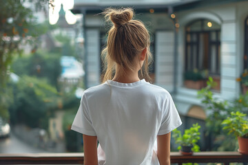 Mockup de una camiseta blanca de mujer, de espaldas. Mujer de espaldas caminando por la ciudad. Espalda blanca para añadir y colocar un diseño. Plantilla textil para recurso gráfico promocional. 