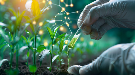 Biotechnology agriculture concept with genetically modified crops and farming techniques.