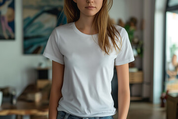 Mockup de una camiseta blanca de mujer, de frente. Con el pecho en blanco para añadir y colocar un diseño. Plantilla textil para recurso gráfico promocional. 