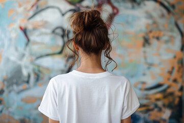 Mockup de una camiseta blanca de chica joven, de espaldas. Chica de espaldas viendo arte, artista....