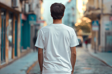 Mockup de una camiseta blanca de hombre, de espaldas. Chico de espaldas caminando por la ciudad. Espalda blanca para añadir y colocar un diseño. Plantilla textil para recurso gráfico promocional. 