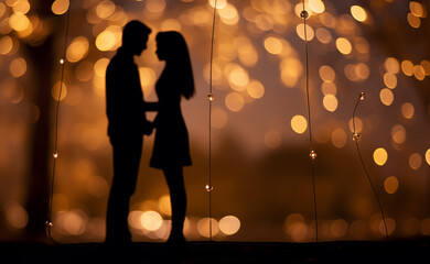Romantic scene with couple close about to kiss amidst warm bokeh lighting; background image